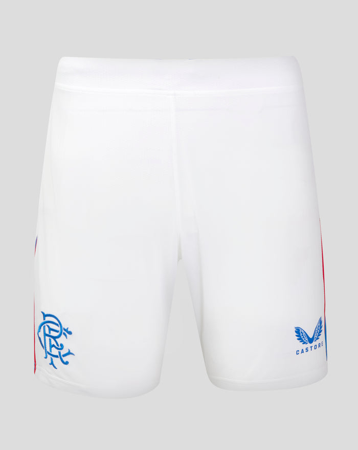 Close up of white Rangers Home Shorts waistband with internal drawcords, crest on the right thigh and Castore branding on the left thigh.