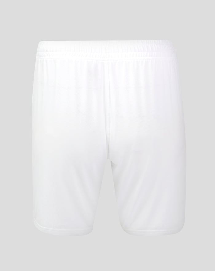 Back view of white Rangers Home Shorts showing elastic waistband and textured fabric.