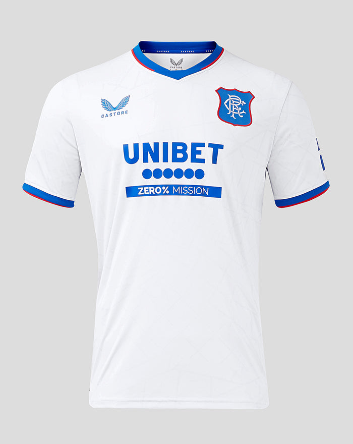 White Rangers Away shirt with blue crest on the chest and UNIBET sponsor across the front
