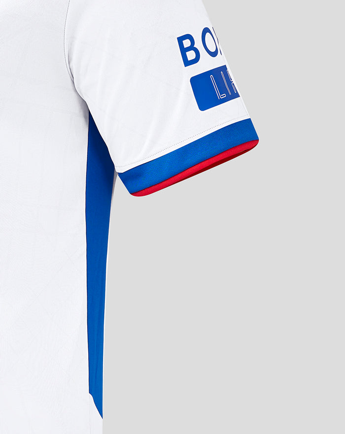 Close-up of the Rangers away shirt sleeve showing blue cuff trim with red edge.