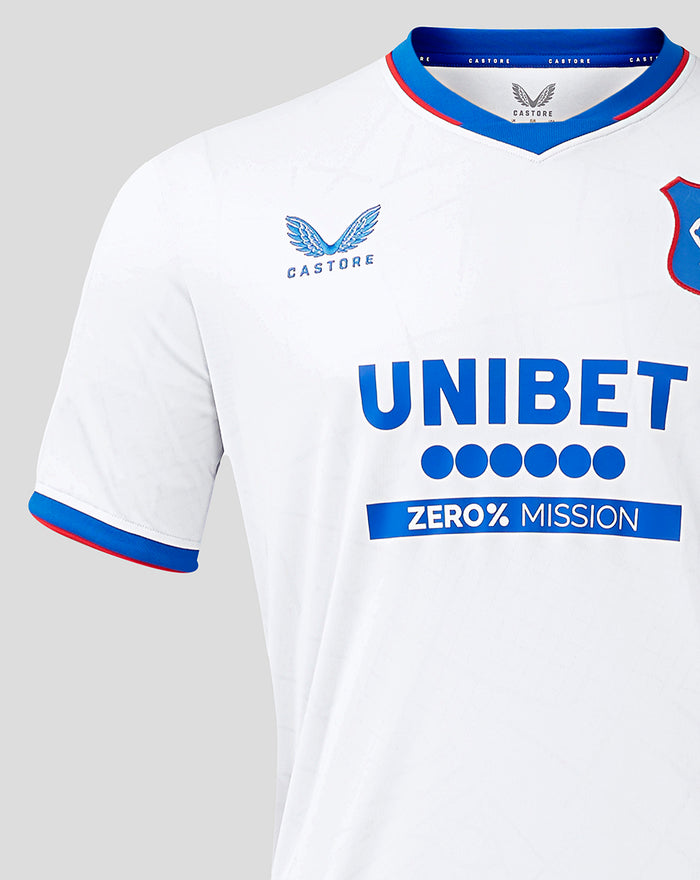 White Rangers away shirt featuring UNIBET sponsor, Rangers crest on left chest and Castore branding on right chest.