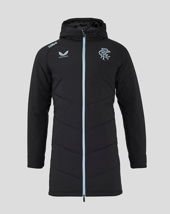 Front view of black Rangers Pro Coaches Bench Jacket with light blue full-length zipper, hood, 32Red logo on shoulder, Rangers crest left chest, and Castore branding right chest.