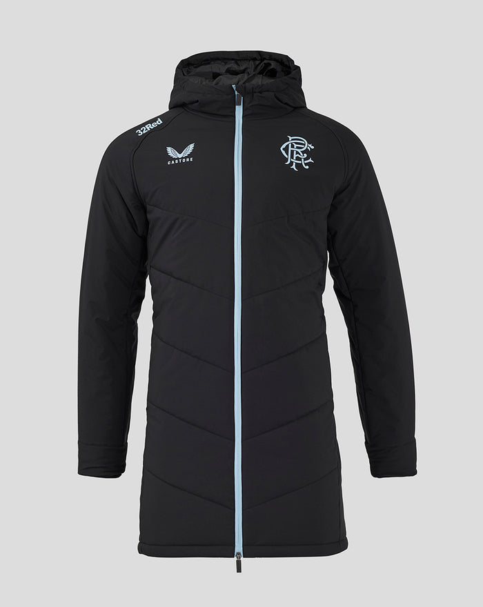 Front view of black Rangers Pro Coaches Bench Jacket with light blue full-length zipper, hood, 32Red logo on shoulder, Rangers crest left chest, and Castore branding right chest.