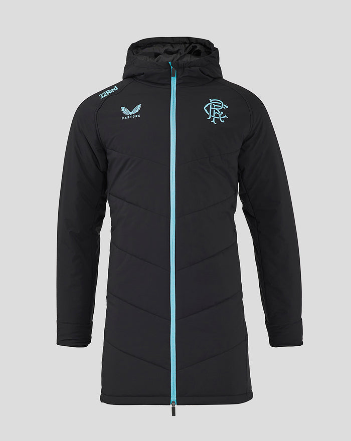 Front view of a black women's Rangers Pro Coaches bench jacket with teal front zipper and hood