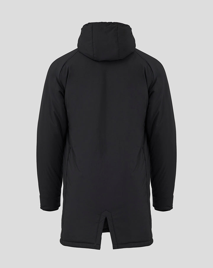 Rear view of black Rangers Pro Coaches jacket with hood, long length, and rear center vent.
