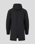 Rear view of black Rangers Pro Coaches jacket with hood, long length, and rear center vent.