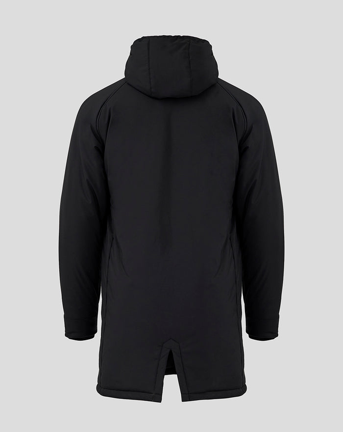 Back view of the black Rangers Pro Coaches bench jacket with hood and long silhouette