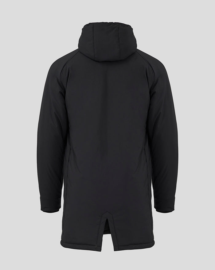 Rear view of black Rangers Pro Coaches jacket with hood, long length, and rear center vent.