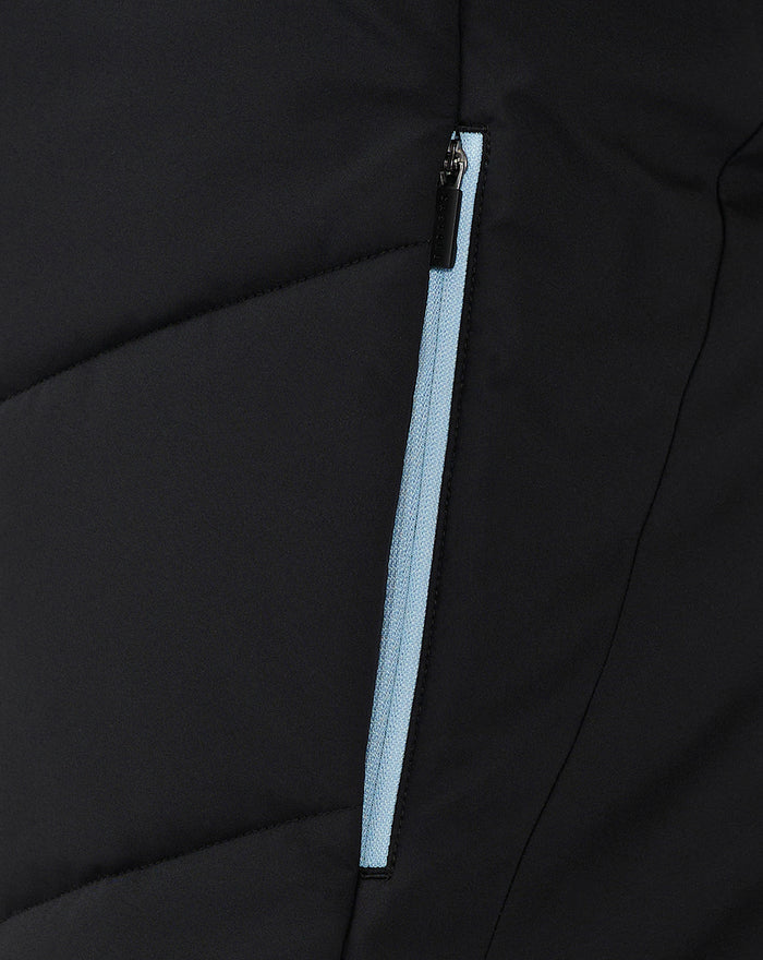 Close-up of black Rangers Pro Coaches bench jacket showing a vertical light blue zipper and panel stitching.