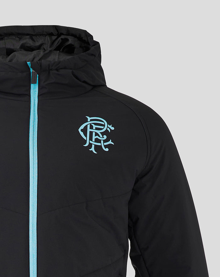 Close up of black Rangers Pro Coaches bench jacket showing turquoise front zipper and crest on left chest