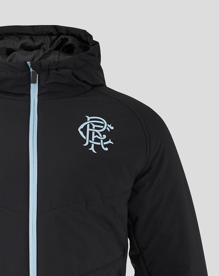 Close-up of left chest area featuring Rangers crest on black Coaches jacket with pale blue zipper.