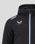 Shoulder and chest view of black Rangers Pro Coaches jacket with light blue center zip and Castore crest.