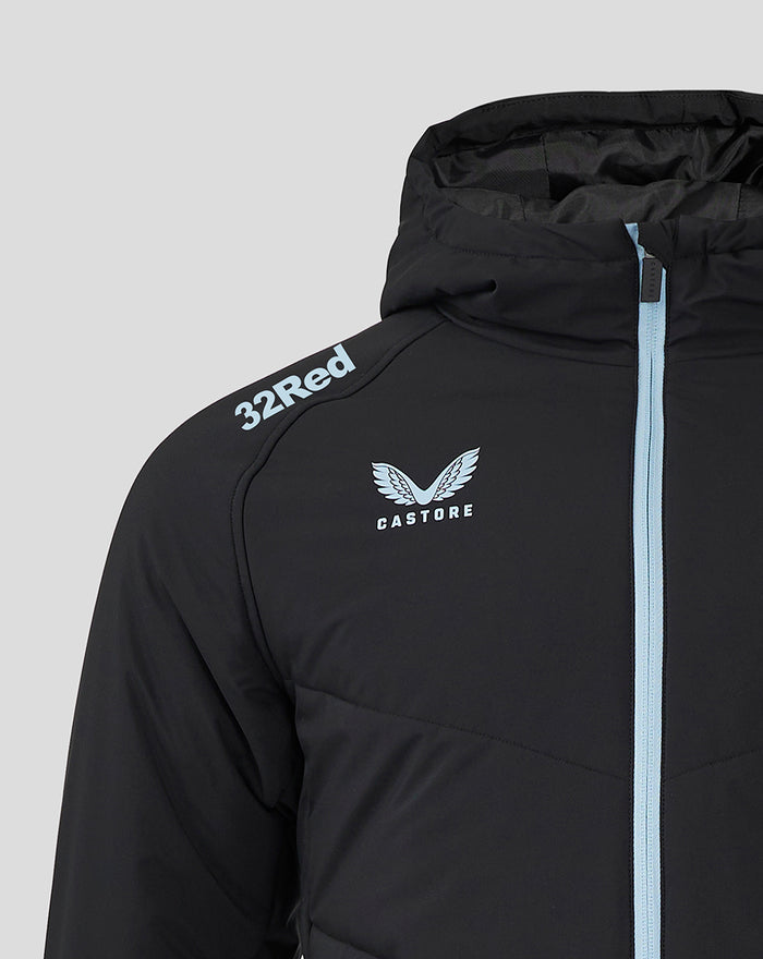 Shoulder and chest view of black Rangers Pro Coaches jacket with light blue center zip and Castore crest.