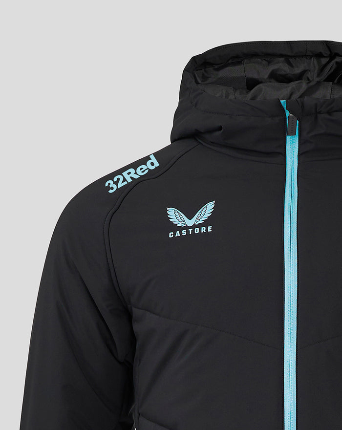 Black Rangers Pro Coaches jacket with 32Red on the shoulder and Castore crest on the chest beside the turquoise front zipper