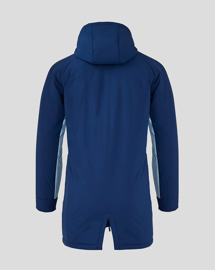 Rear view of navy blue men's bench jacket with hood.