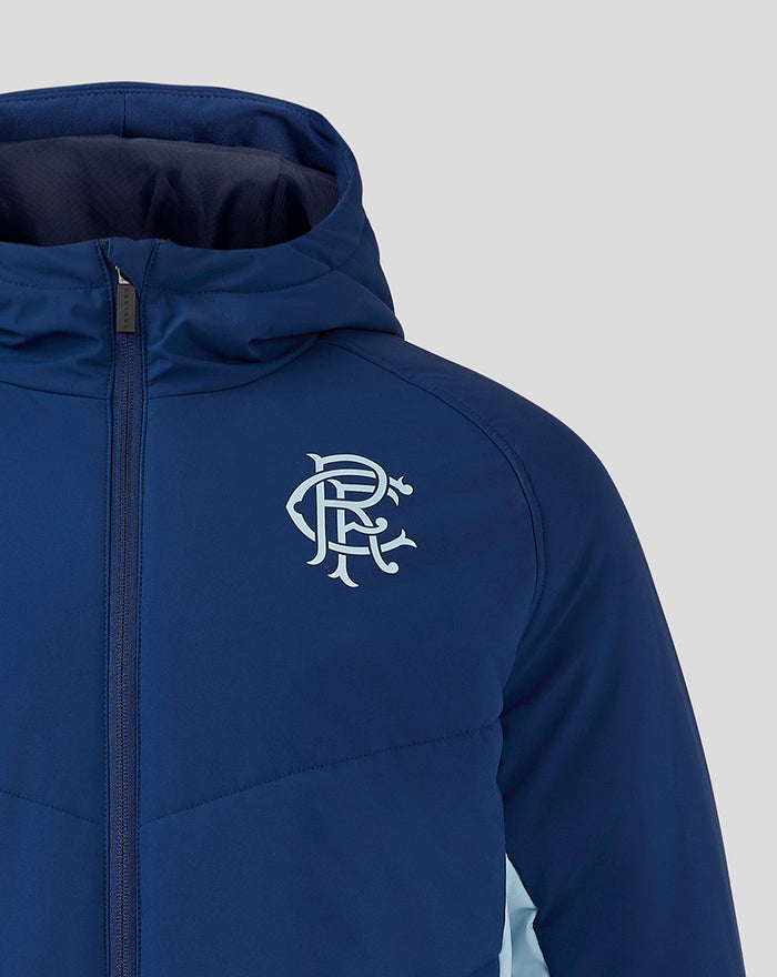 Navy blue men's bench jacket close up of chest logo and front zipper.