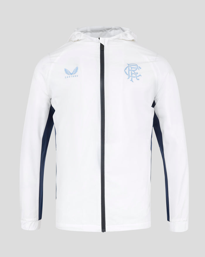 Front view of white women's pro players training rain jacket with hood and blue CASTORE logo on the left chest and blue crest emblem on the right chest