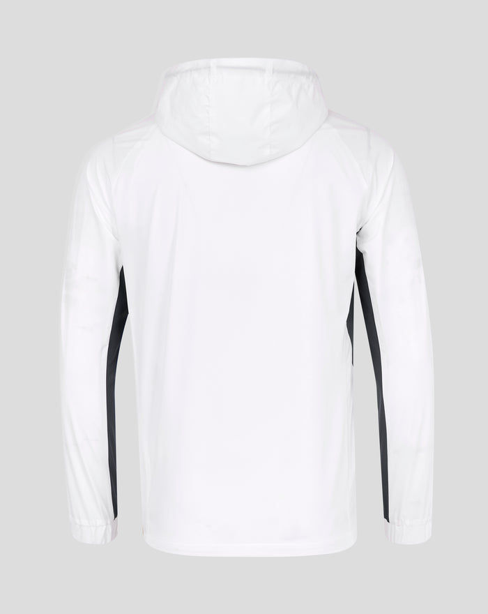 Back view of white hooded rain jacket with the hood up