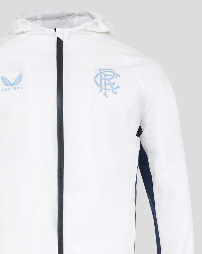 White women's training rain jacket with front zipper and light blue chest logos including Castore wings and a crest.