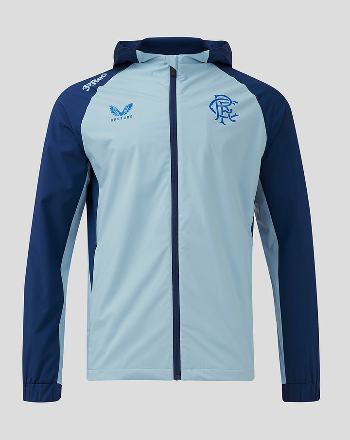 Front view of Rangers Pro Players Training Rain Jacket in light blue with navy sleeves hood and left chest crest.