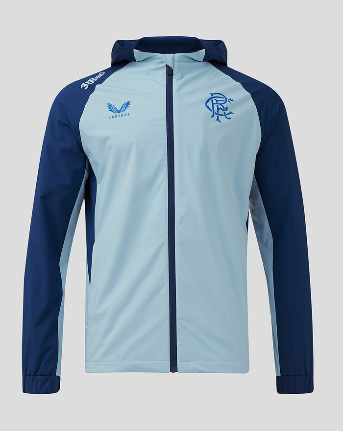 Front view of Rangers Pro Players Training Rain Jacket in light blue with navy sleeves hood and left chest crest.