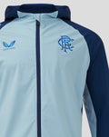 Close-up of Rangers training rain jacket showing light blue torso navy sleeves and front zip.