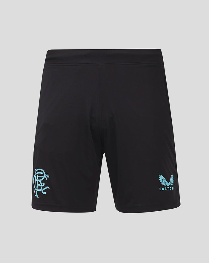 Black Rangers Pro Coaches Training Shorts with light blue crest on left thigh and Castore logo on right thigh.