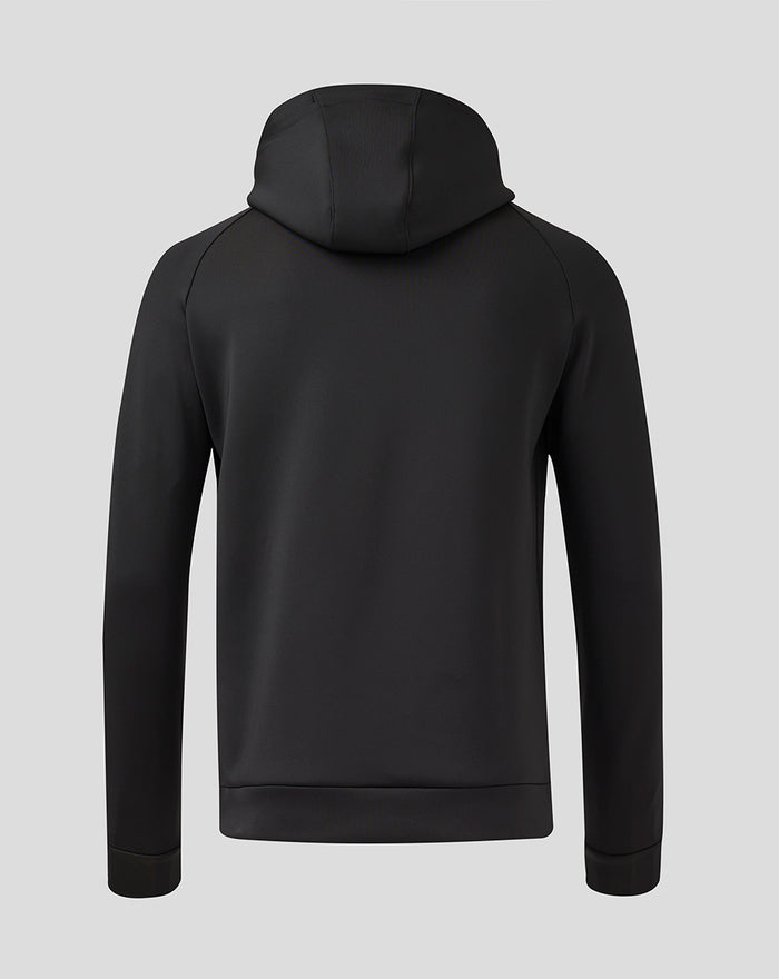 Back view of a black Rangers hoodie with a plain back and attached hood