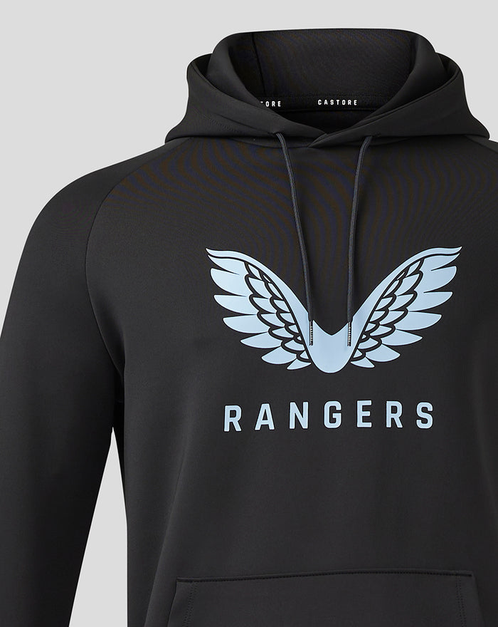 Close-up of the chest on a black Rangers hoodie showing a light blue wing logo and RANGERS lettering