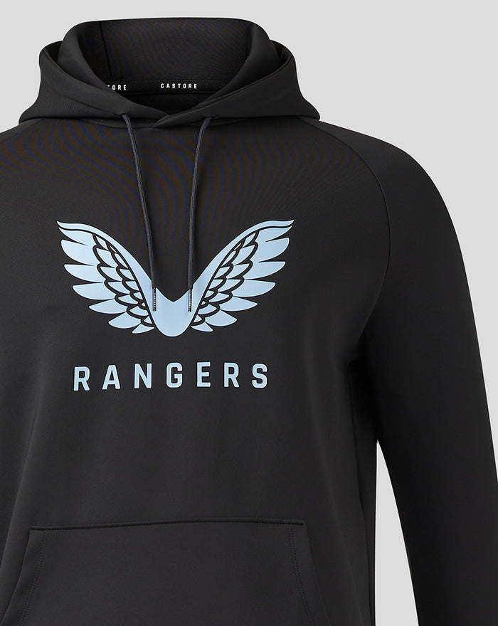 Mens Rangers Pro Coaches hoodie in black with light blue wings graphic on the chest and a kangaroo pocket