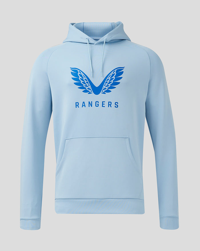 Light blue Rangers hoodie featuring a large blue wings logo on the chest and a front kangaroo pocket