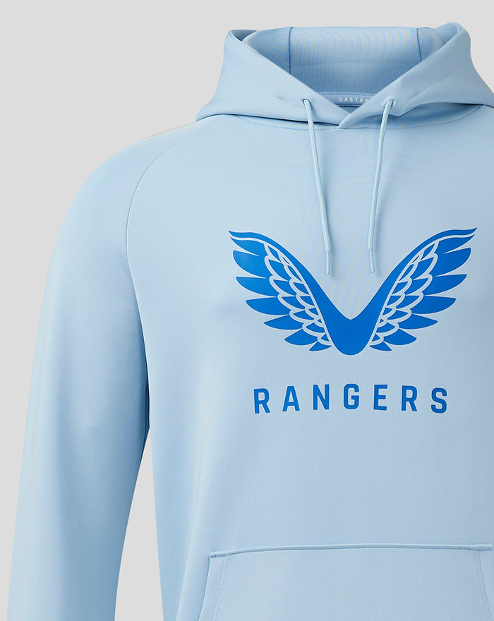 Close up of a light blue Rangers hoodie showing the blue wings logo on the chest