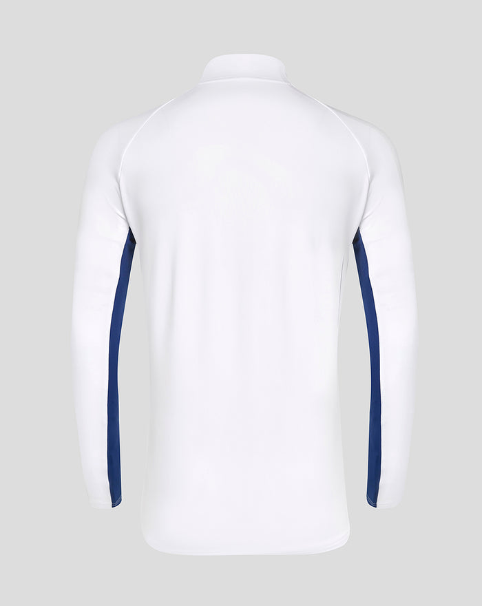 Back view of a white men's pro players 1/4 zip top with navy side panels.