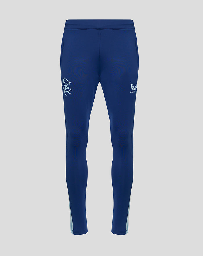 Rear view of navy blue Pro Players pants with a white crest on the left thigh