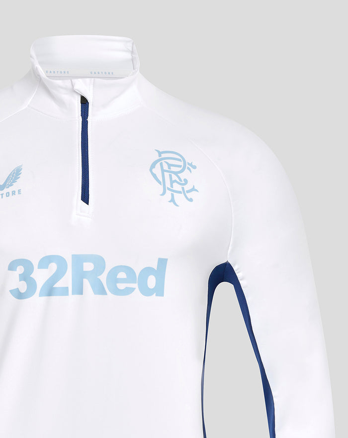 White men's pro players 1/4 zip top with navy zipper and light blue 32Red text across the front and a crest on the chest