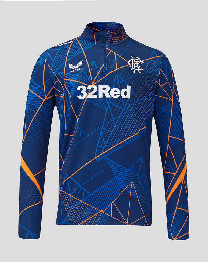 Front view of men's Rangers league matchday quarter zip midlayer with funnel neck blue orange geometric pattern and crest