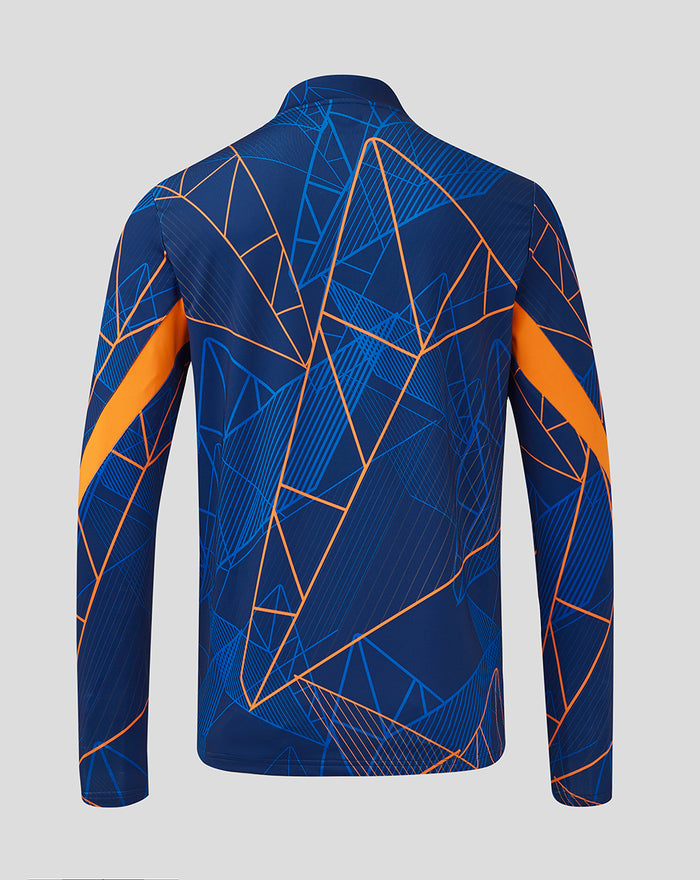 Back view of men's Rangers league matchday quarter zip midlayer showing blue fabric with orange geometric lines