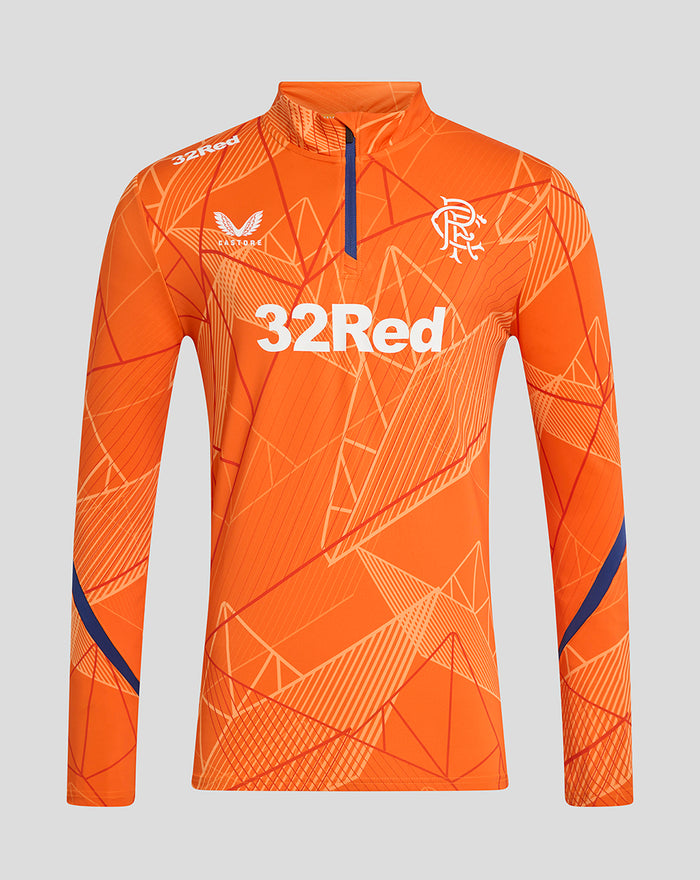 Front view of orange mens league matchday quarter zip midlayer with geometric pattern and navy zip detail