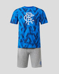 Men's 23/24 short sleeve pajama set with a blue geometric print top and grey shorts featuring a white crest on the chest.