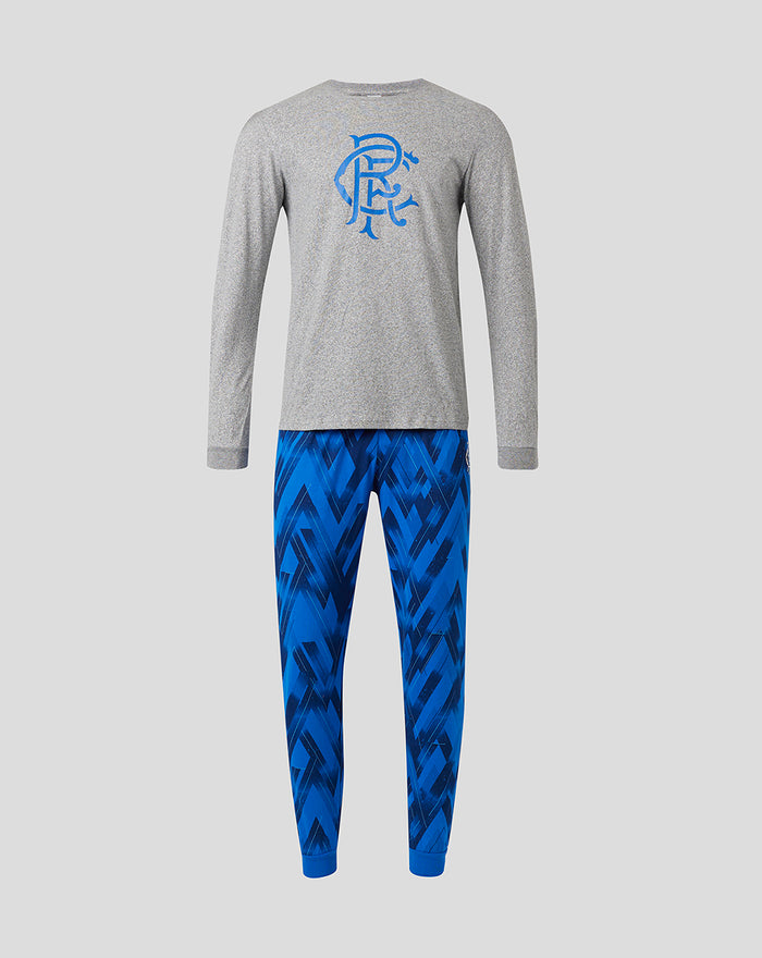 Grey long sleeve pajama top with blue crest logo and matching blue geometric patterned pants.