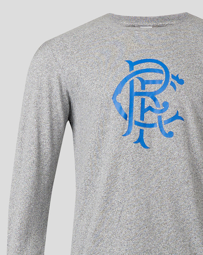 Grey heather long sleeve pajama top featuring a bold blue emblem on the chest.