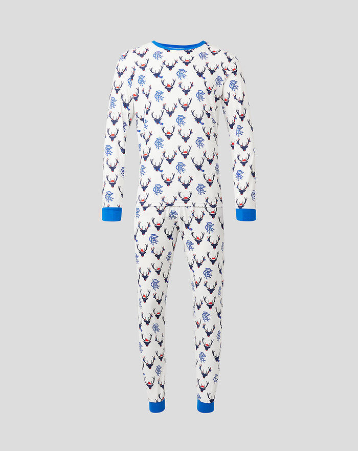White long sleeve festive pajama set with blue trim and allover blue reindeer crest pattern