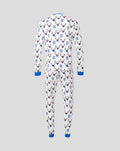 Full view of white men's festive PJ set with blue trim and an allover reindeer pattern.