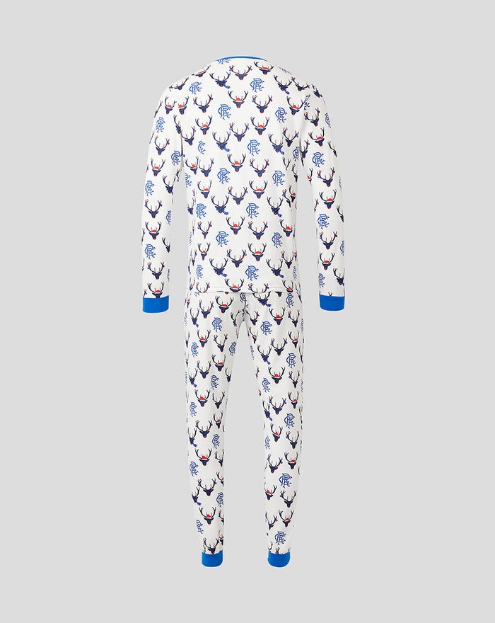 Full view of white men's festive PJ set with blue trim and an allover reindeer pattern.