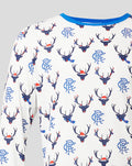 Close-up of white mens festive long sleeve pajama top with blue reindeer motifs and crest logos.