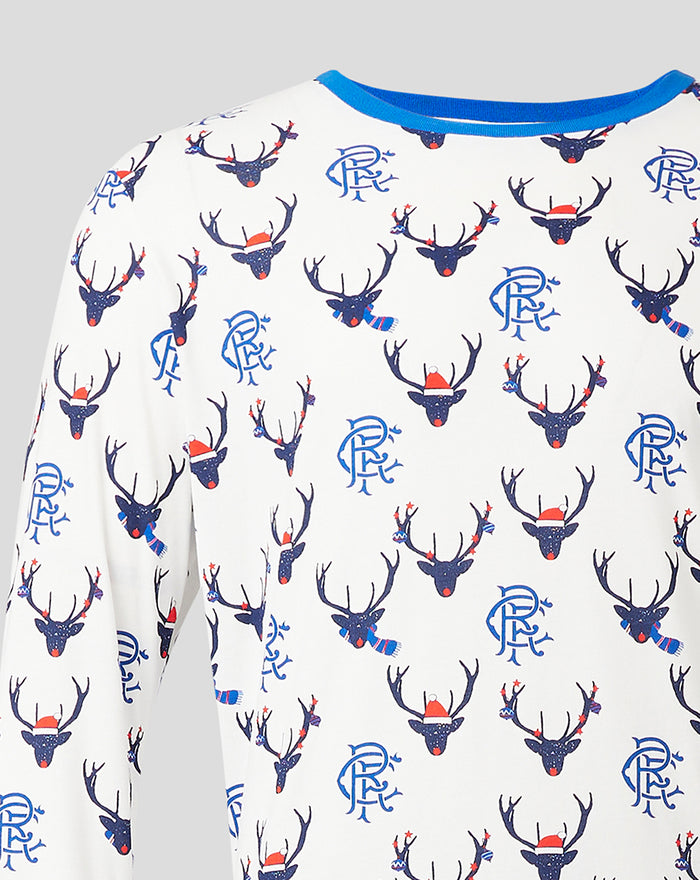 Close-up of white mens festive long sleeve pajama top with blue reindeer motifs and crest logos.