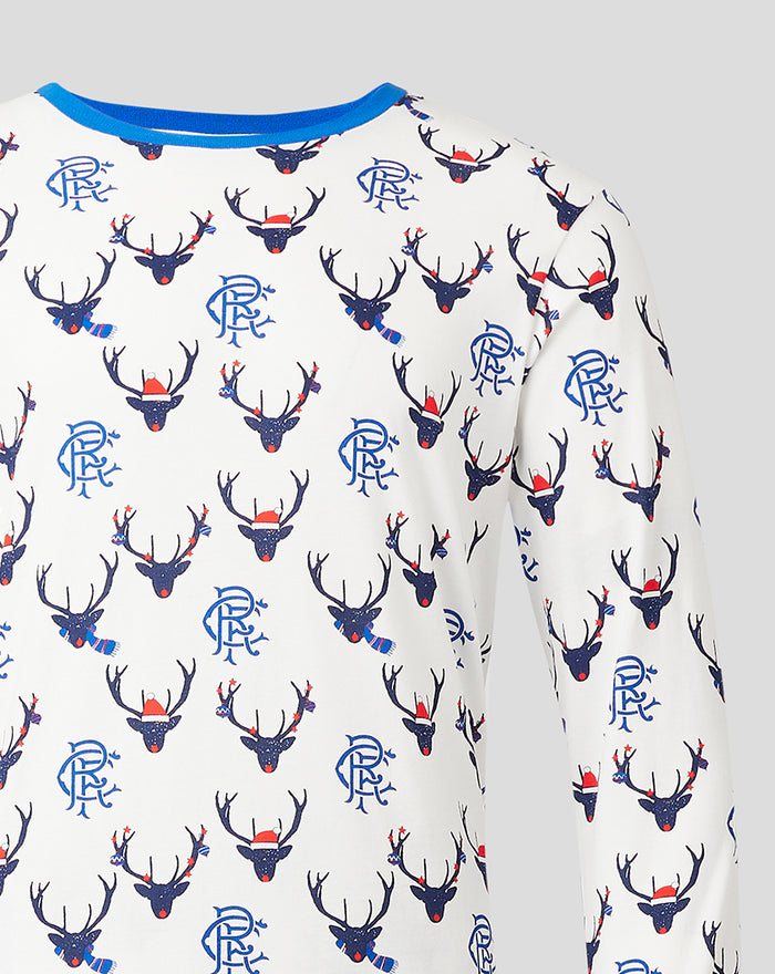 White men's festive long sleeve pajama top and bottoms with blue cuffs and collar in allover reindeer print.
