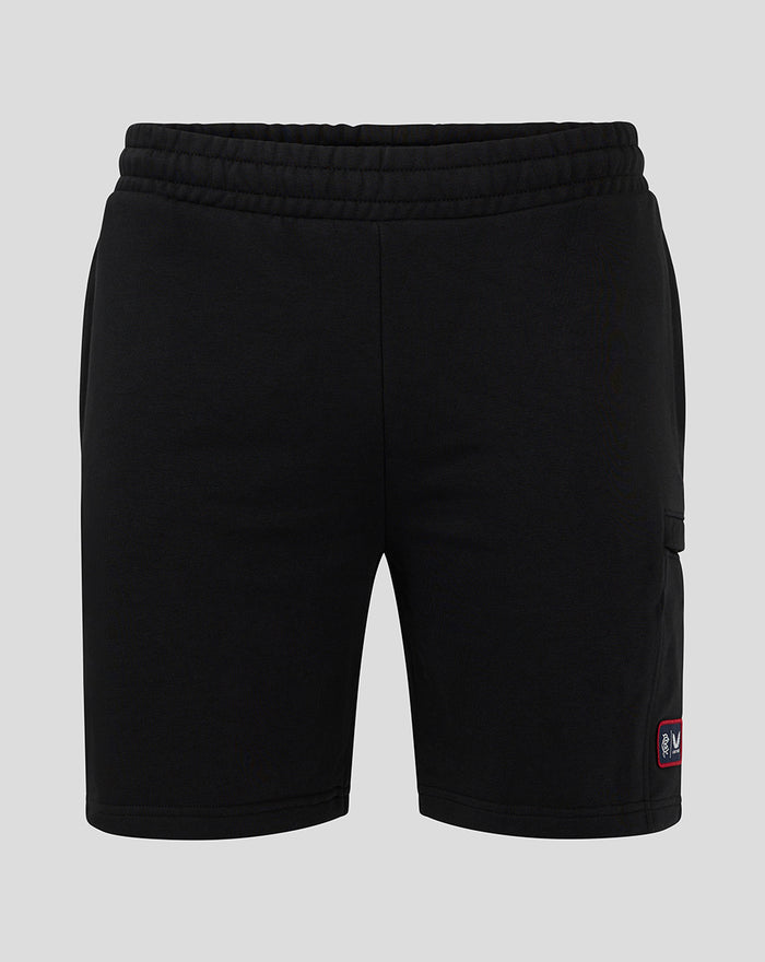 Back view of black men's shorts with elastic waistband and logo patch.