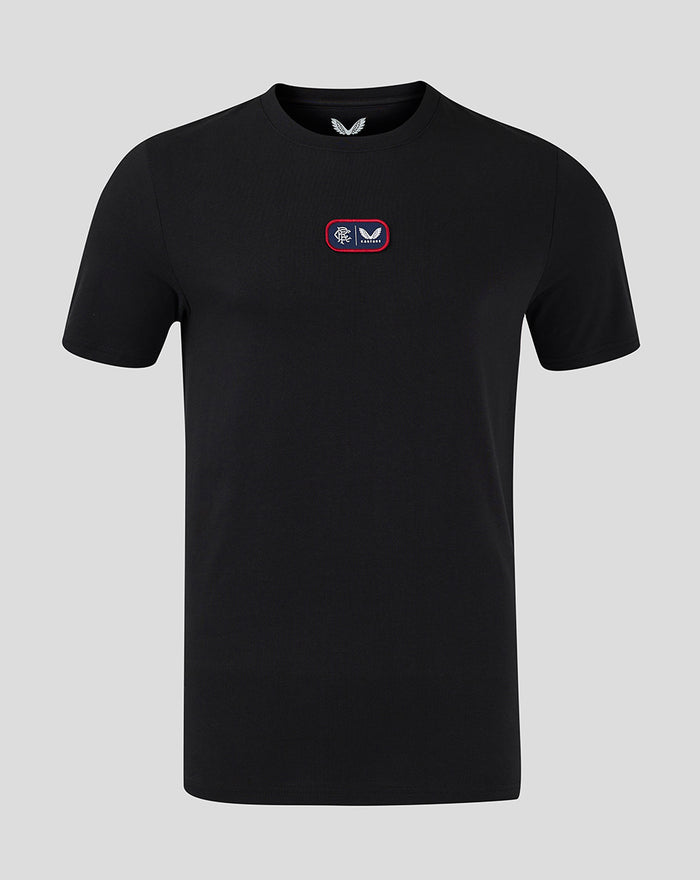 Black cotton men's T-shirt with a small rectangular chest patch logo.