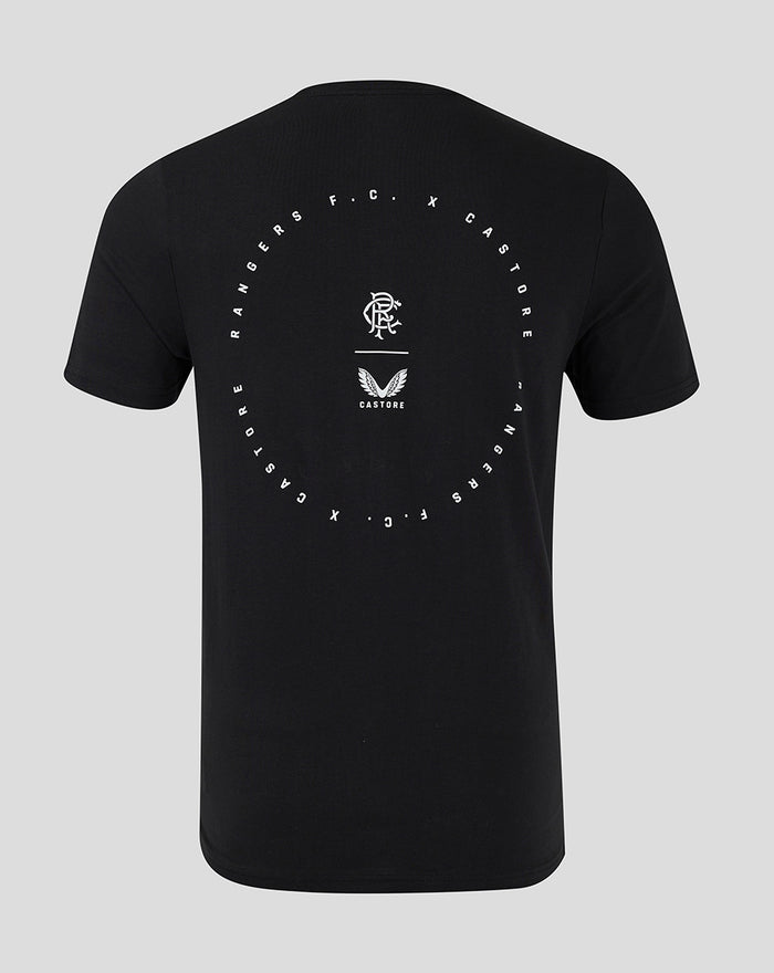 Back view of black cotton T-shirt with a white circular Rangers F.C. x Castore graphic and crest at center.